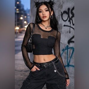 Shakuhachi Robo Net Top Womens Sz 6 Black Linen Cropped Mesh Sleeve Avant Garde